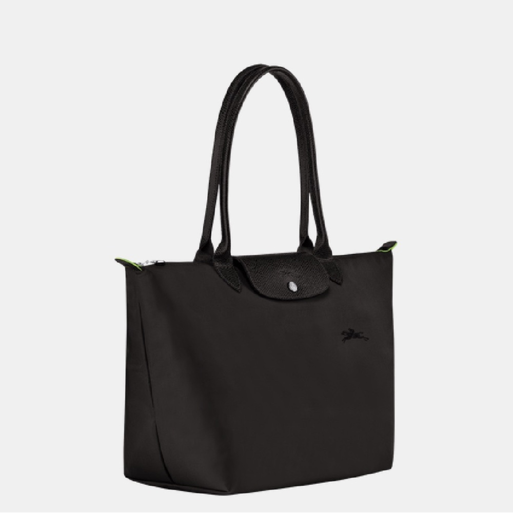 Longchamp Black Tote with Lime-Green Zip Accents